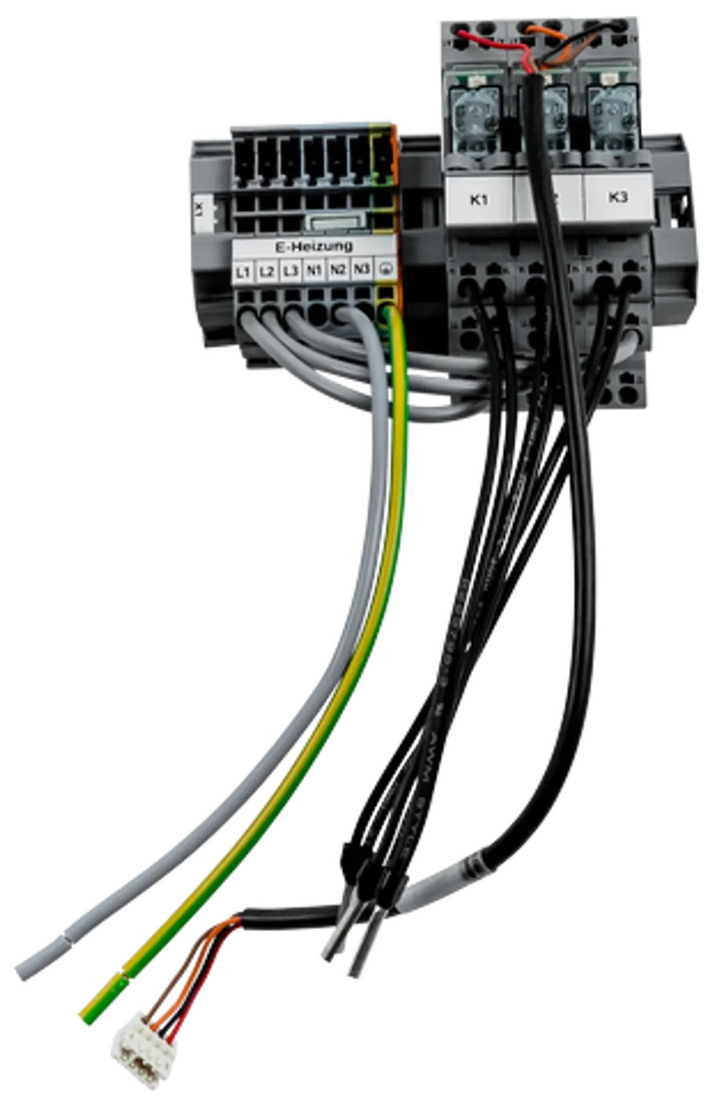 Steuerungseinheit für elektrische Heizung von Wolf mit Klemmenanschlüssen und mehreren Relais für elektrische Heizsysteme.